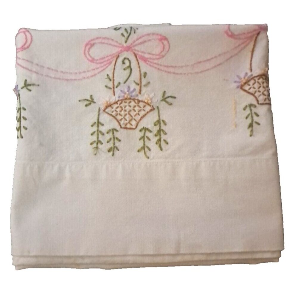Vintage Embroidered Pillowcase Hand Stitched Flower Basket Pink Ribbon Cotton